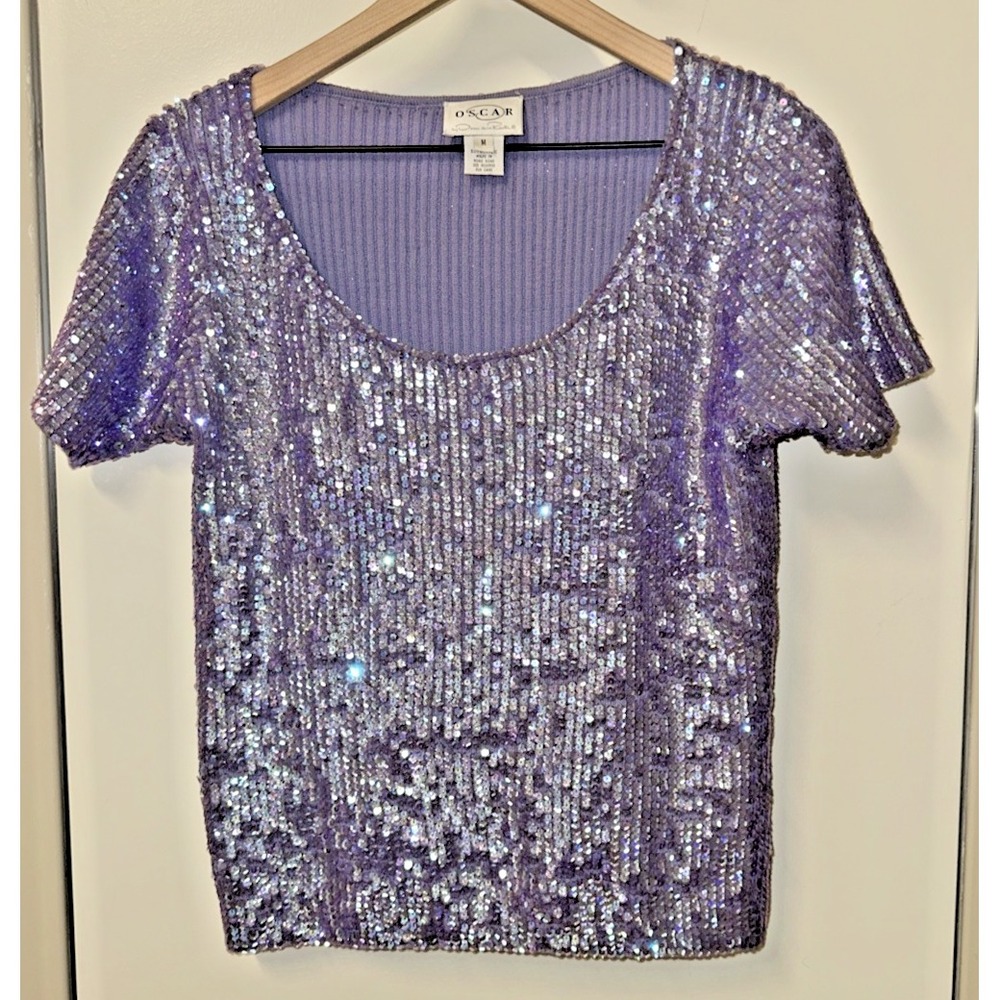 OSCAR By OSCAR De La RENTA Women Sze Medium Purple Sequin Shimmer Top Wool Blend